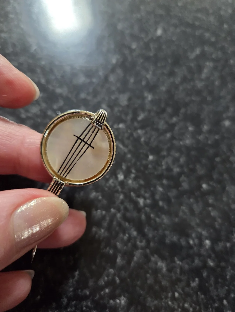 Vintage Banjo Brooch Gold Tone Mother of Pearl Music Pin